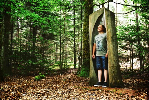 Ein Mann steht in einer Baumskulptur im Wald, umgeben von grünen Bäumen und Laub.
