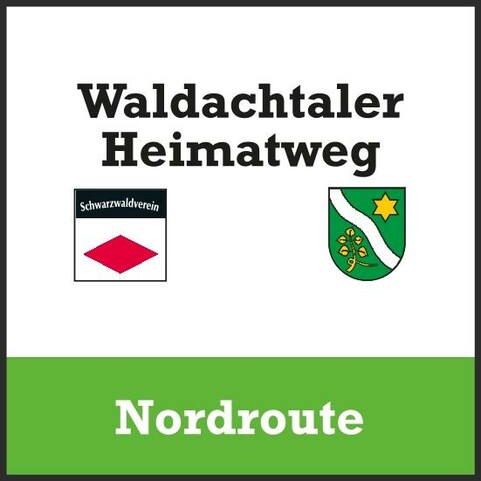Logo des Waldachtaler Heimatwegs mit den Emblemen des Schwarzwaldvereins und einer regionalen Darstellung. Darunter der Text 'Nordroute' auf grünem Hintergrund.